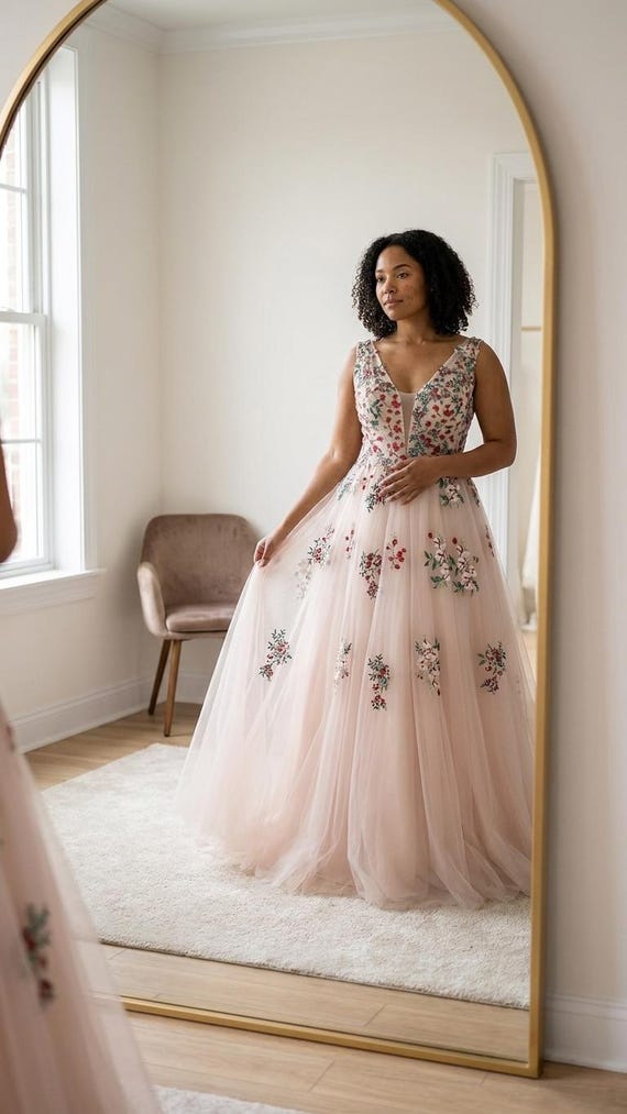 blush embroidered wedding dress Blush Pink Colorful Lace Wedding Dress