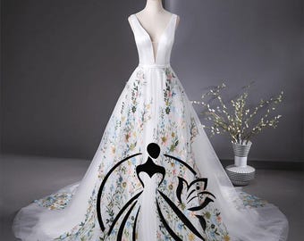Salome Boho Floral Wedding Dress - Bridal Embroidered A-Line Gown with Plunging V-Neckline, Satin Bodice, Colorful Wildflower Tulle Skirt