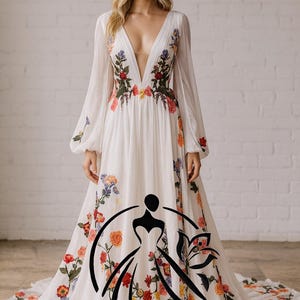Floral Fiesta Boho Wedding Dress, Colorful Embroidered A-line Gown, Deep V Neck & Back, Dramatic Train, Garden or Destination Bridal