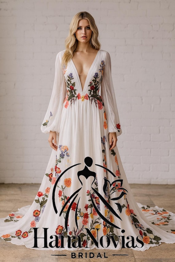 Vestido de novia bohemio con flores, corte A, bordado colorido