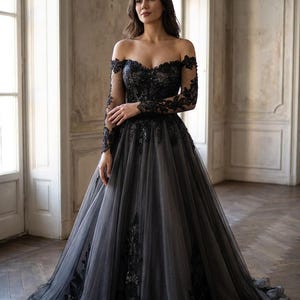 Emmerson Gothic Black Wedding Dress with Sleeves, Corset Back, Lace Appliqué, Tulle Skirt, Dark Fairytale Bridal Gown