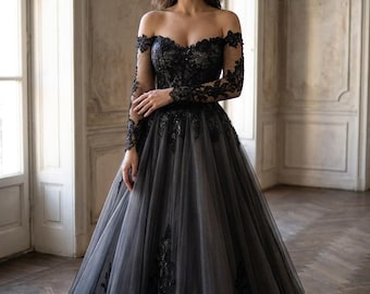 Vestido de novia gótico negro de Emmerson con mangas, espalda tipo corsé, apliques de encaje, falda de tul, vestido de novia de cuento de hadas oscuro