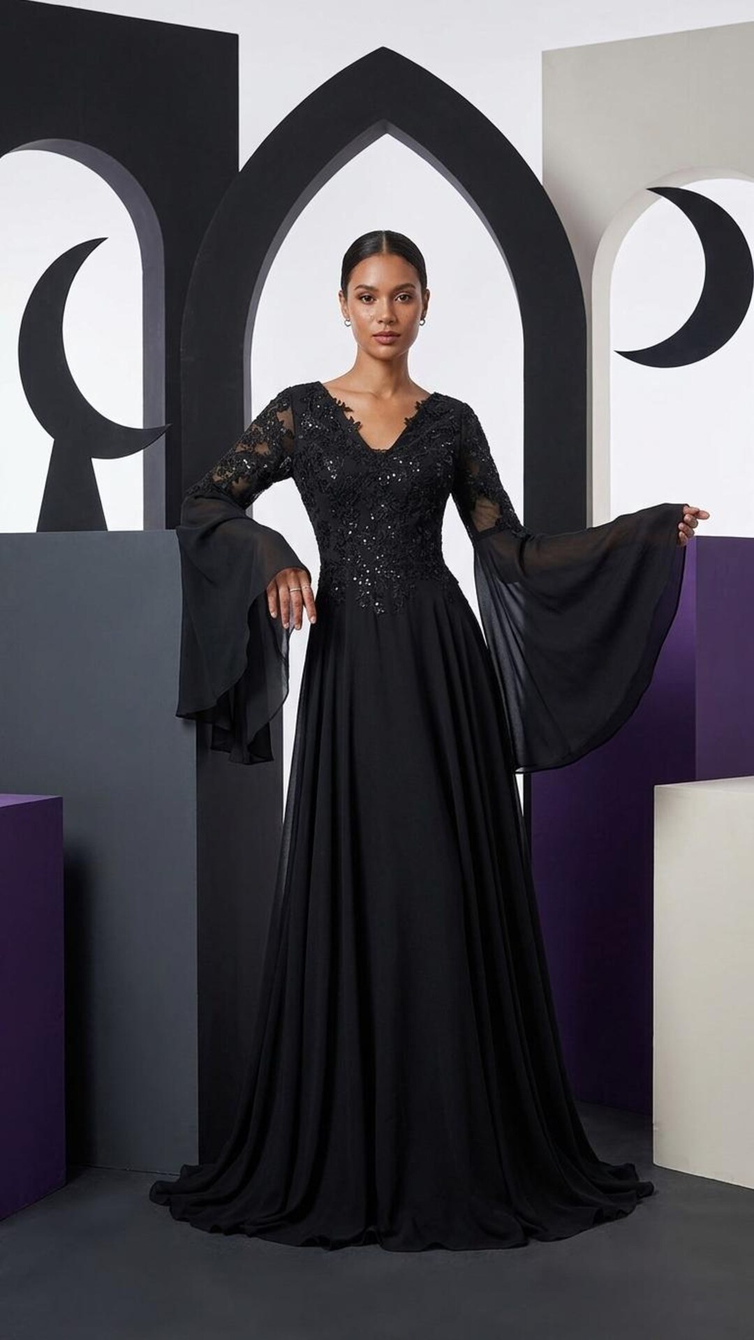 Octavia Black Gothic Wedding Dress | Lace Bodice With Bell Sleeves