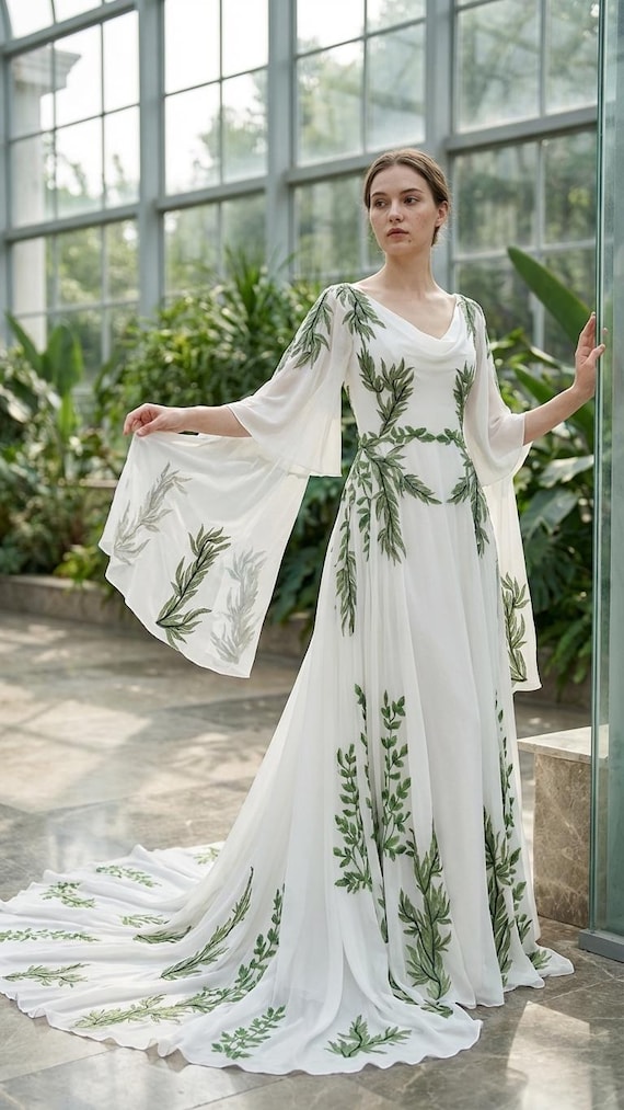 green chiffon wedding dress Leaf Dress, Botanical Wedding Gown, Forest Wedding Dress, Boho Bridal Gown, Garden Wedding Dress, Wedding Isla CountryforUS&CANADA