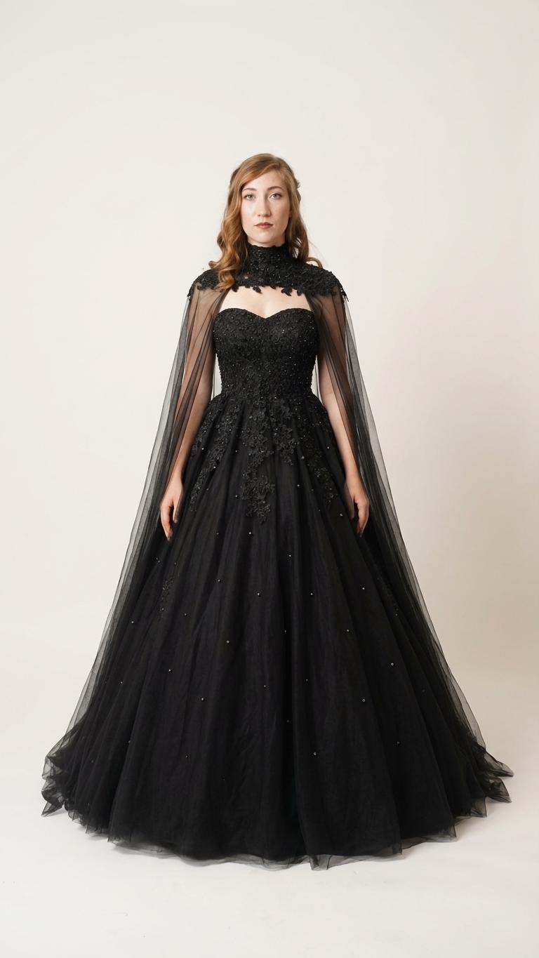 Klyah Gothic Black Wedding Dress, Strapless Sweetheart Ball Gown With Lace  Appliqu & Beading, Detachable Cape, Dark Fairytale Bridal - Etsy