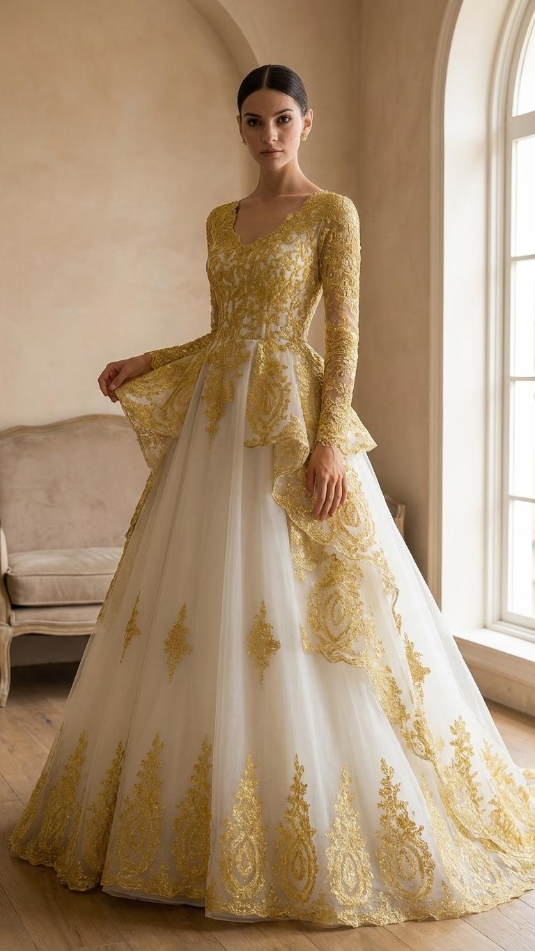 Royal Embroidered Ball Gown Wedding Dress with Long Sleeves and Train, Modest Lace Bridal Gown, White and Gold Princess Dress Rhea