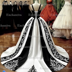 Moonlit Majesty Gothic Black & White Ball Gown Wedding Dress – Lace Corset, Embroidered Train, Alternative Bridal Gown for Unique Brides