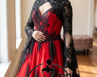 strapless open back dress Red and Black Gothic Wedding Dress main image 1