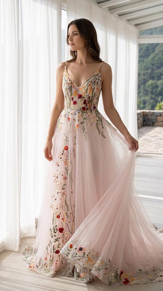 Gardelina Wedding Dress – Romantic Blush A-line Gown With Vibrant Floral Embroidery, Perfect for Garden, Boho, or Outdoor Weddings
