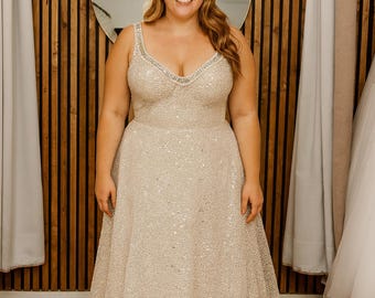 Sequin Sparkle Wedding Dress | Size 18 Bridal Sample Gown | Bustier Beaded A-Line with Train | Ready to Ship Glam Bridal