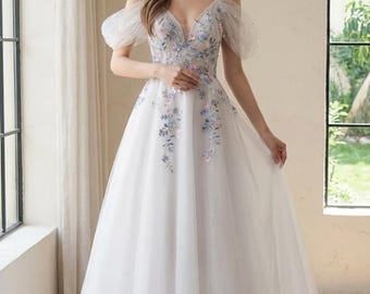 appliqued glitter tulle a line wedding dress Appliqued Glitter Tulle A-Line Wedding Dress