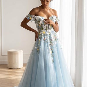 pastel blue floral dress Zapakasa Women Blue Floral Long Mother of the Bride Dress Short Sleeves  Illusion Round Neck Appliqued A Line Formal Dress main image 0