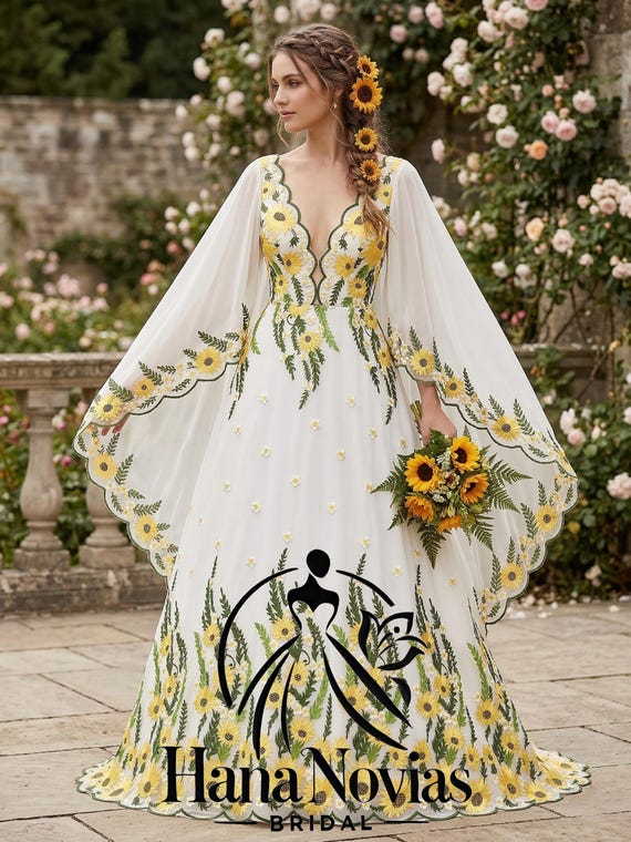 Sunflower Wedding Dress Blanca Aurora | Floral Embroidered Bridal Gown | Boho Garden Wedding Dress | Cottagecore Bride Dress | Ethereal Gown