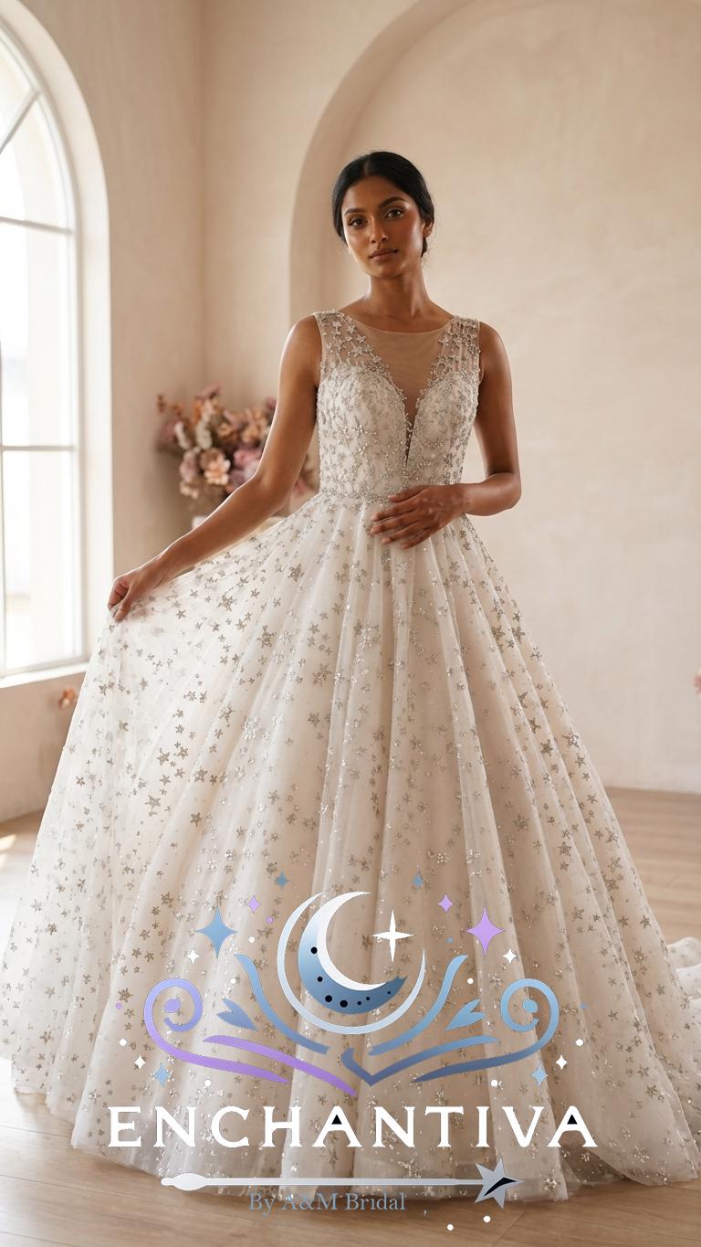 Celestial Glow Star Embroidered Wedding Dress | Sparkly A-line Bridal Gown With Glitter Tulle, V-neck, and Flowing Train - Etsy Celestial Glow Star Embroidered Wedding Dress | Sparkly A-line Bridal Gown With Glitter Tulle, V-neck, and Flowing Train - Etsy