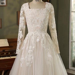 Elegant Long Sleeve Lace Wedding Dress | Square Neck Bridal Gown with Tulle Skirt & Train | Custom LDS Modest Wedding Dress – Evelyn Grace