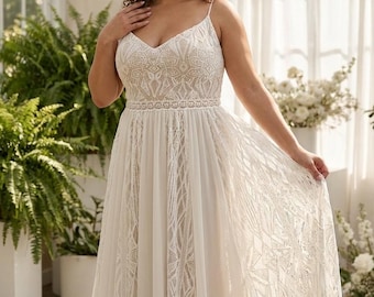 Vestido de Noiva Boho de Renda em Corte A – Decote em V, Sem Mangas, Tamanho 20