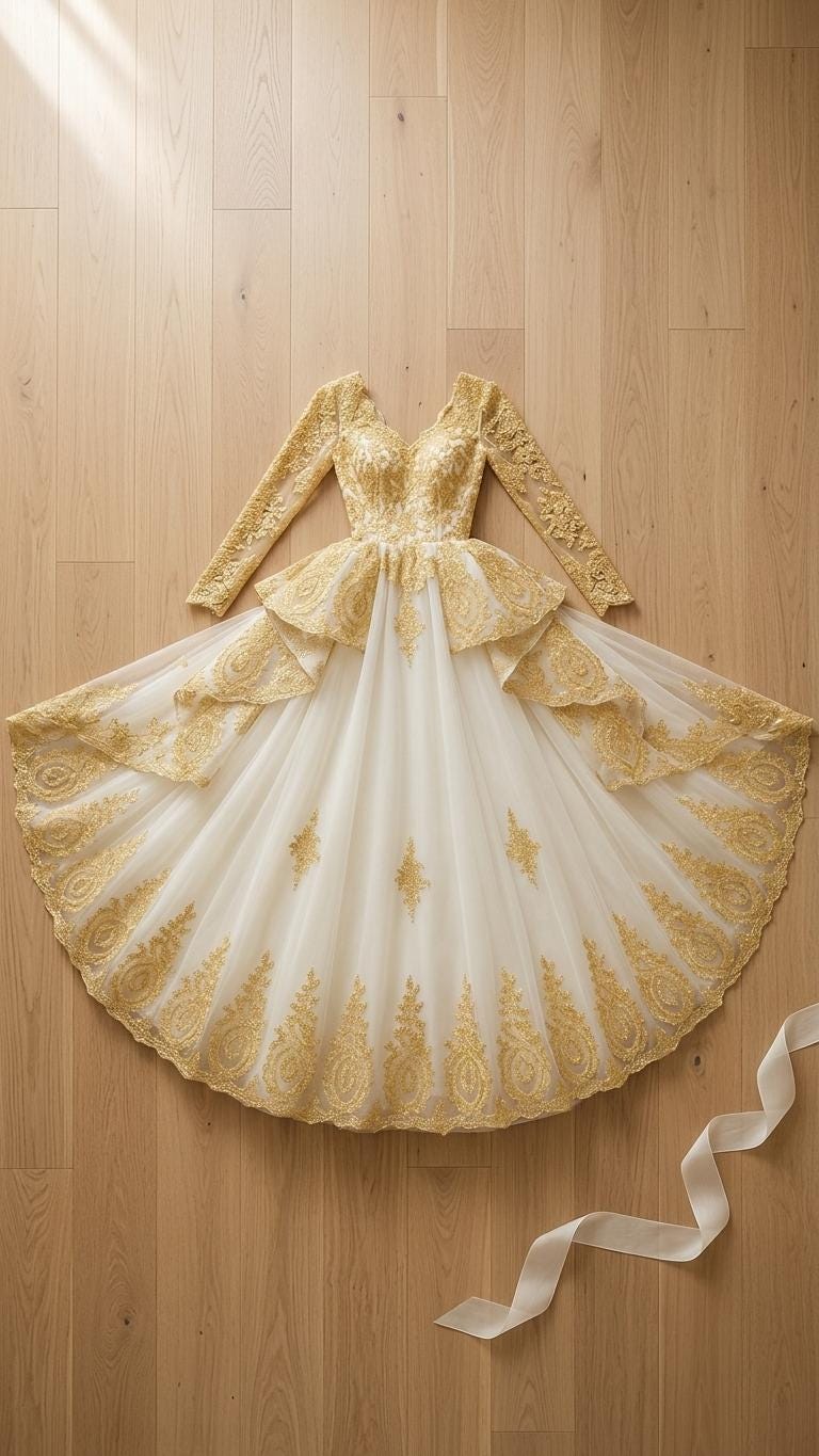 Royal Embroidered Ball Gown Wedding Dress with Long Sleeves and Train, Modest Lace Bridal Gown, White and Gold Princess Dress Rhea