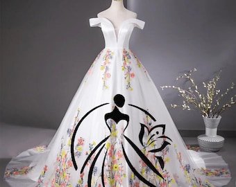 Jianna Floral Wedding Dress, Off-Shoulder Ball Gown with Colorful Embroidered Flowers & Tulle Skirt, Whimsical Fairytale Bridal Corset Back
