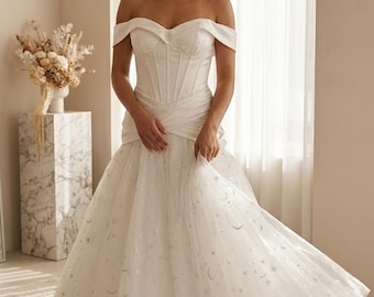 Off-Shoulder Celestial Wedding Dress with Star Tulle and Moon Detailing