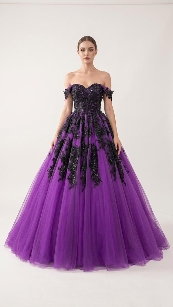Aviva Purple and Black Gothic Wedding Dress | Dramatic Ball Gown with Lace Appliqu | Alternative Bridal Gown for Fantasy Weddings
