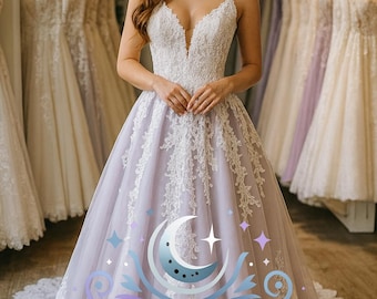Lavender Serenity A-Line Wedding Dress – Soft Purple Tulle, Ivory Lace Appliqués, Deep V-Neck, Sheer Back, and Chapel Train Bridal Gown