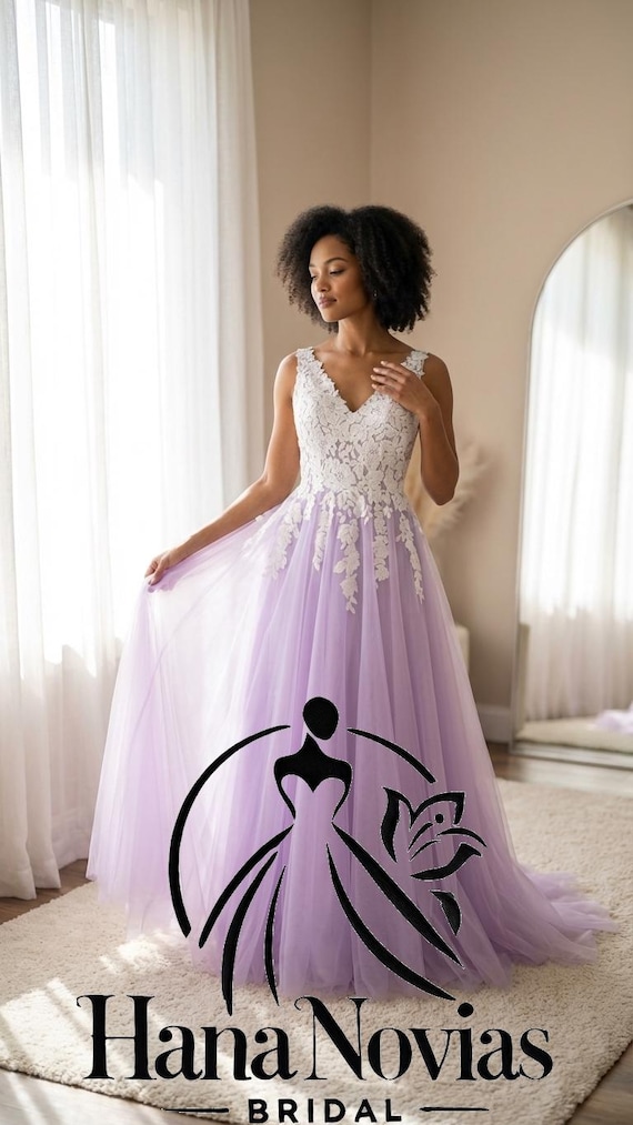 lavender bridal dresses Wedding embroidered leaves Lavender Plunging-V Beaded Straps Lace
