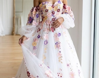 Whimsical Floral Wedding Dress with 3D Appliqués, Off-Shoulder Ball Gown with Train, Garden Bride Gown “Meadow” | Sweetheart Neckline