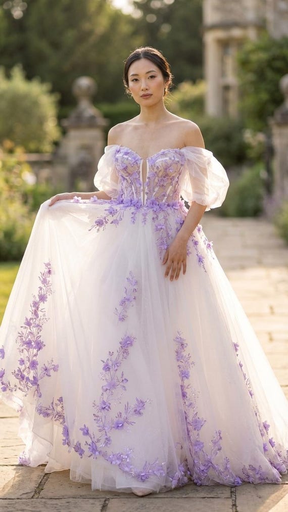 ivory and lavender wedding dress Corset short sleeves floral lavender ivory wedding dress. We always accept  custom orders. #dress #gown #fashion #prom #promdress #hautecouture #wedding  #weddingdress #bridalgown #elegant #bridaldress #eveninggown  #weddingfashion #custommade