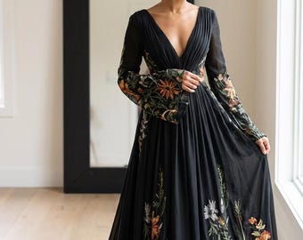Oriana Gothic Black Wedding Dress – Vintage Chiffon Gown with Floral Embroidery, Deep V-Neck, Long Goddess Sleeves & Dramatic Train Boho