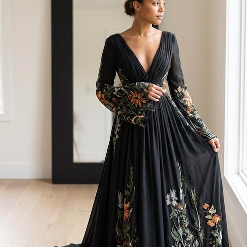 black chiffon dress for wedding Black Chiffon Cold Shoulder Long Formal Dress