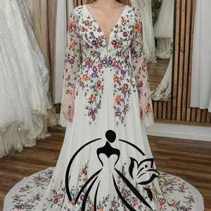 Gracelynn –  Boho A-Line Wedding Gown with Multicolor Colorful Floral Embroidery  Long Sleeves and V-Neck
