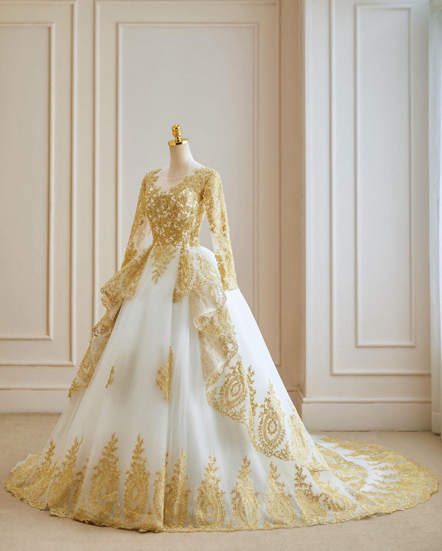 Royal Embroidered Ball Gown Wedding Dress with Long Sleeves and Train, Modest Lace Bridal Gown, White and Gold Princess Dress Rhea
