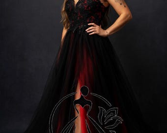 Emilia Sage Black Over Red A-Line Wedding Dress With Split V Neck Sleeveless Alternative Bride Thigh High Side Slit V Neckline Gothic Design