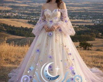 May include: An off-the-shoulder ball gown featuring a sweetheart neckline, sheer lavender puff sleeves, and a cream-colored skirt adorned with embroidered gold vines and purple floral appliqués, with the text ENCHANTIVA By A&M Bridal.