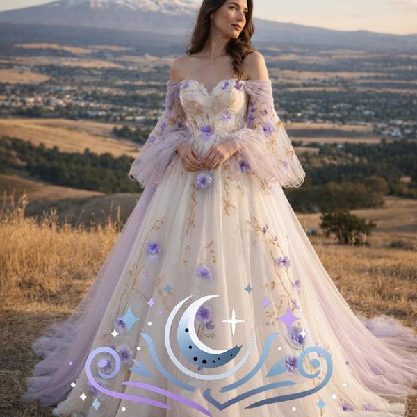 Floral Serenade Wedding Dress - Enchanting Ball Gown with Delicate Floral Appliqués, Golden Embroidery, and Ethereal Tulle Sleeves