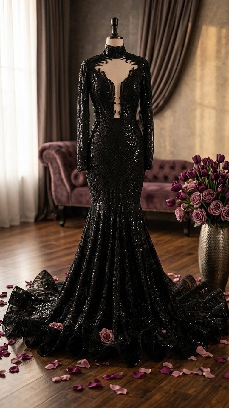 Tish Black Wedding Dress, Gothic Sequin Lace Mermaid Gown with High Neck & Long Sleeves, Dramatic Train, Dark Bridal Elegance Alternative