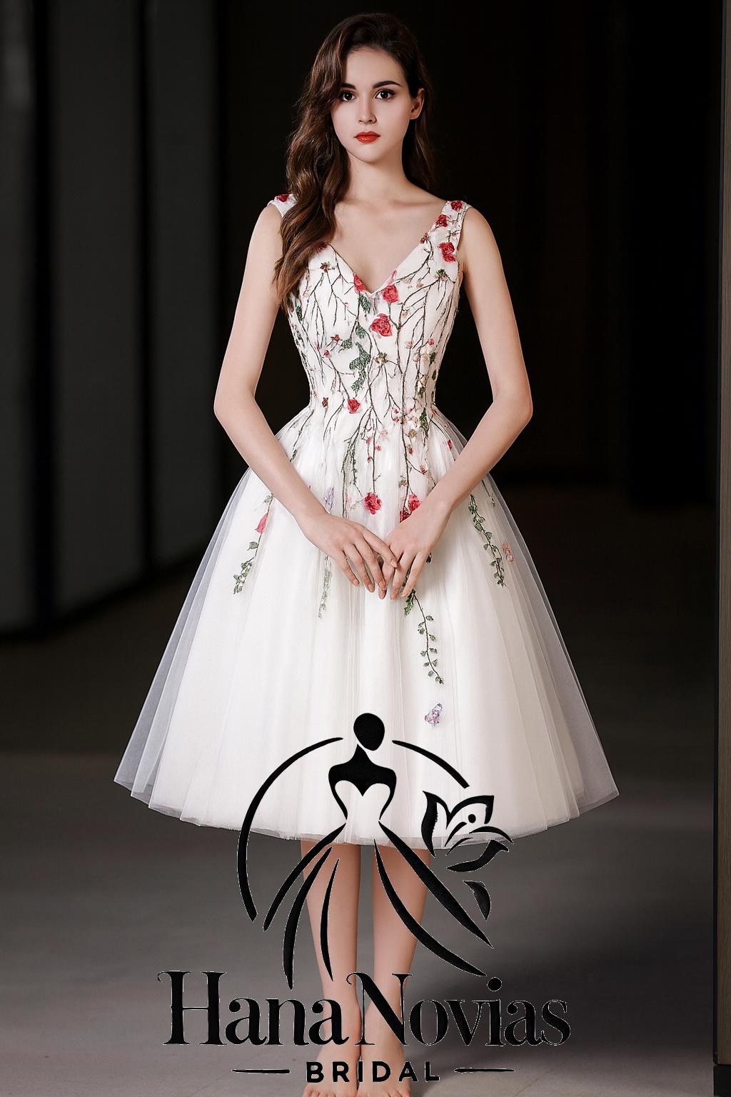 Calliope Wedding Dress - Knee-Length Gown with Intricate Floral Embroidery, V-Neckline, and Open Back for a Whimsical Bridal Look