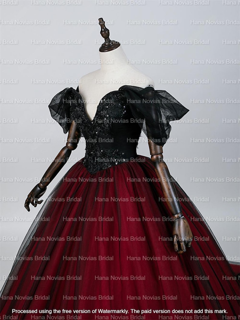 Black Gothic Wedding Dress • Dark Red Bridal Gown • off Shoulder ...