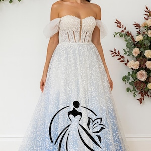 Estella Luna Bridal Gown – Blue Underlayer Tulle with Floral Embroidery & Corset Bodice, Viva La Pepa Fairytale Wedding Dress