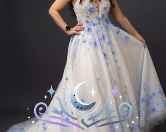 Ivory Ball Gown Wedding Dress: Blue 3D Floral Appliques, Sparkle Tulle