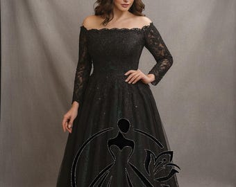 Vestido de novia gótico negro esmeralda con mangas: corsé con hombros descubiertos, encaje y cola catedral / Encanto de sombras