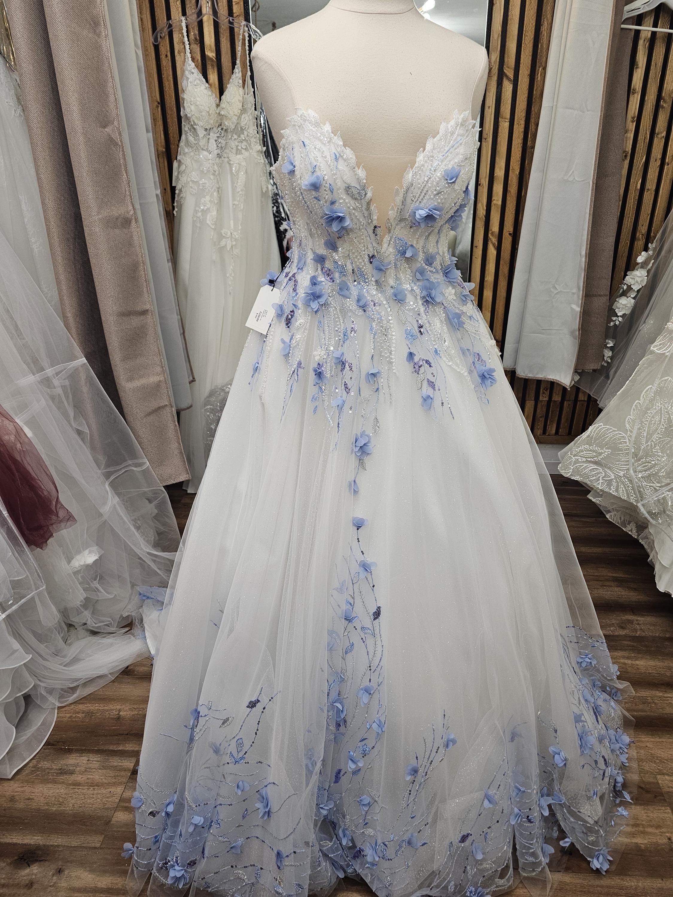 Ivory Ball Gown Wedding Dress: Blue 3D Floral Appliques, Sparkle Tulle Ivory Ball Gown Wedding Dress: Blue 3D Floral Appliques, Sparkle Tulle