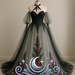 Gothic Black and Red Wedding Dress with Sleeves | Floral Tulle Ball Gown | Alternative Bridal Dress with Chapel Train Moonfire Bloom