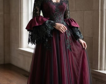 Mystic Ivy Magical, Forest-inspired Elegant Wedding Dress Bridal Gown Off the Shoulder Aline Maroon with Green Vine Lace Chapel Train