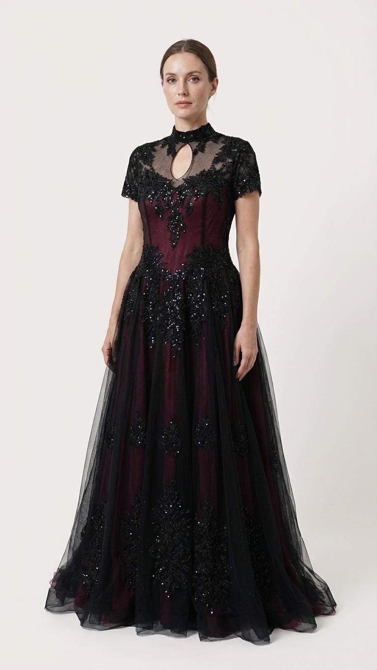 black and burgundy lace dress Shelby Black Mermaid Wedding Dress with Burgundy Lace, Removable Train, 2-in-1