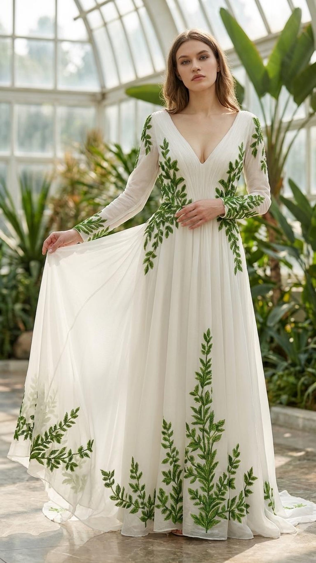 Eve – Long Sleeve Leaf Embroidered Wedding Dress | V-neck Forest