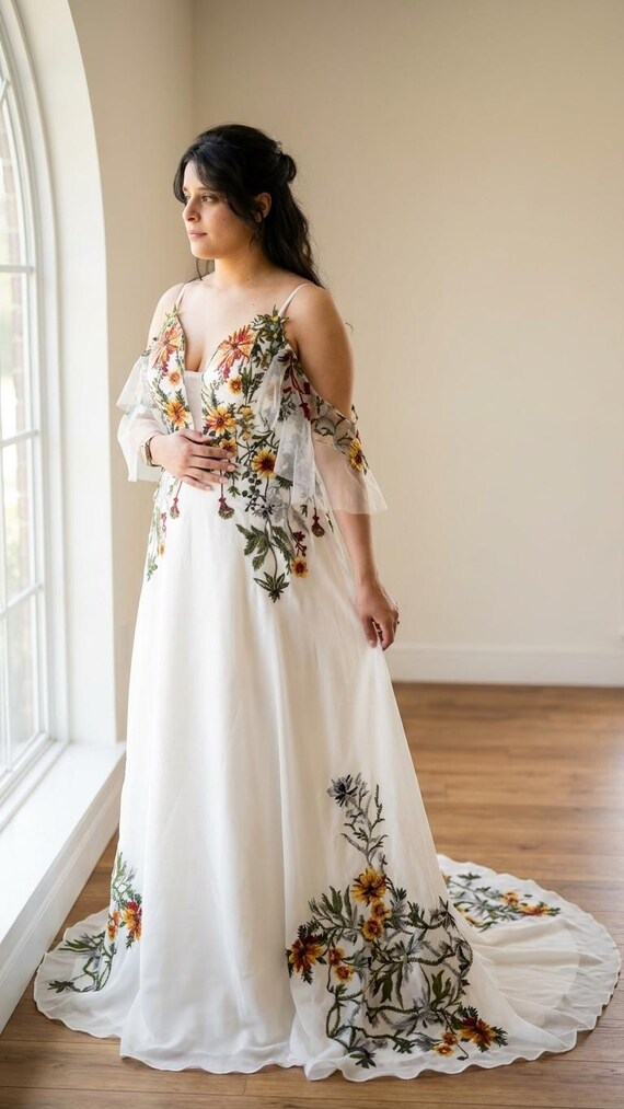 Ozara Floral Embroidered Wedding Dress  Boho A-line Gown Off-shoulder  Sleeves, Vibrant Orange & Green Details, Perfect for Outdoor Weddings - Etsy