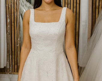 Tea-Length Lace Wedding Dress | Size 10 Bridal Sample Gown | Square Neck Short Ivory Dress for Garden or Courthouse Wedding