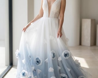 Blue Ombre Wedding Dress Floral Bridal Gown, Beach Wedding Dress, Fairytale Tulle Dress, A Line Bridal Dress Marina