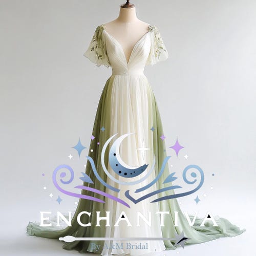 Forest Winks - Green & Ivory Wedding Dress | Ethereal Chiffon Gown with Flutter Sleeves, V-Neckline Flowing Train Bridal Gown